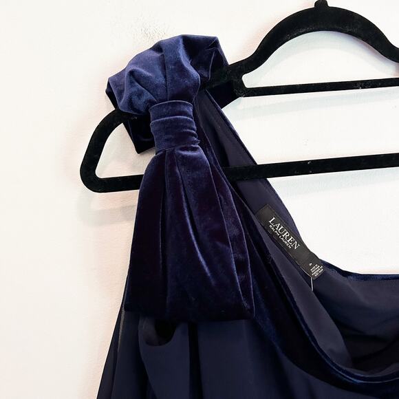 Ralph Lauren Black Label Chiffon Velvet One Shoulder Dress Navy Size 4 - Picture 6 of 9